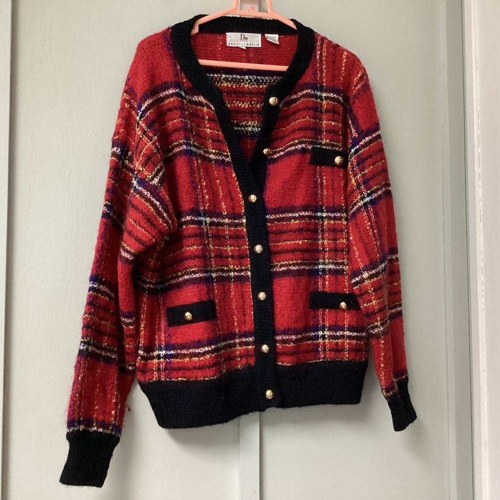 Danielle Martin Blazer Size Large Career Casual Wool Blend Red Plaid Gold Button